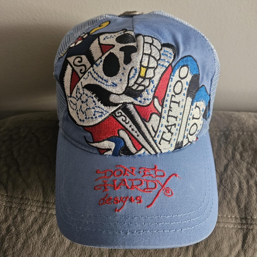 Ed Hardy Skull Tattoo You Blue Baseball Cap - Picture 2 of 7